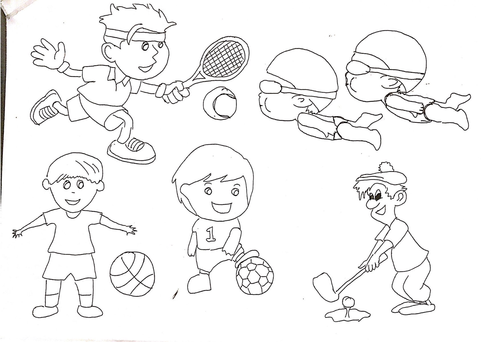 Kolorowanka, na obrazkach dzieci uprawiające różne sporty, piłę nożną, pływanie, golf.