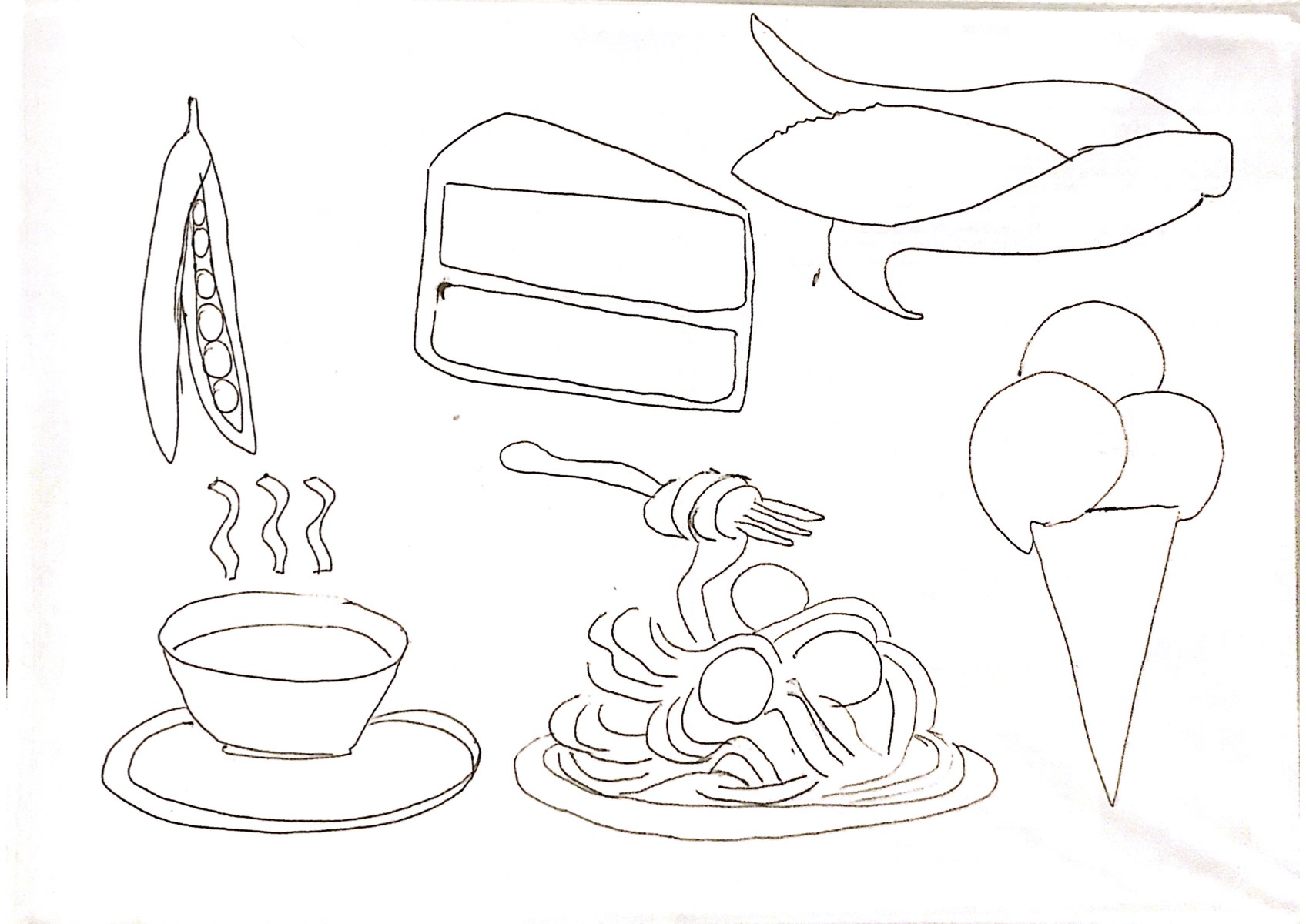 Kolorowanka, na obrazkach kawa, spaghetti, lody, tort. 