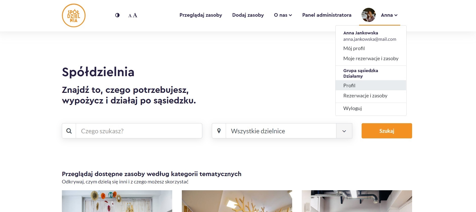 Zrzut ekranu z rozwiniętym menu użytkownika i zaznaczoną pozycją Profil dla organizacji lub instytucji