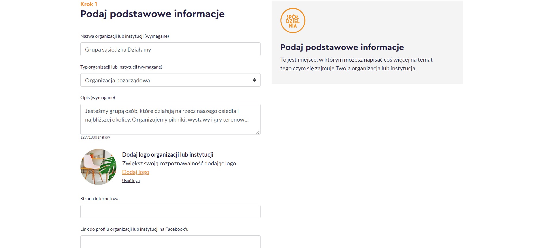 Zrzut ekranu pierwszego kroku formularza dodawania nowej organizacji lub instytucji