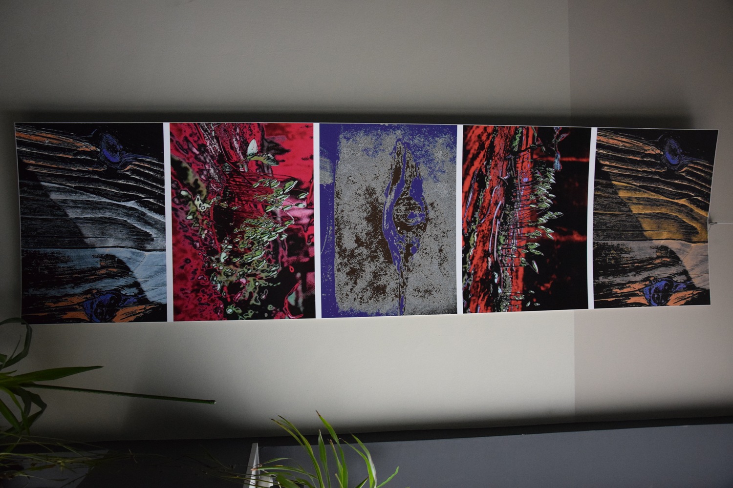 Zdjęcie pokazuje planszę wystawy z abstrakcyjnymi zdjęciami.